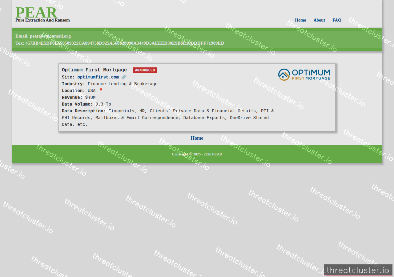 Leak-site post naming Optimum First Mortgage, captured by ThreatCluster