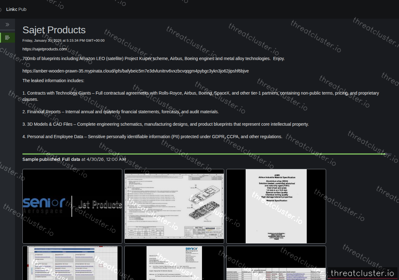 Leak-site post naming Sajet Products, captured by ThreatCluster