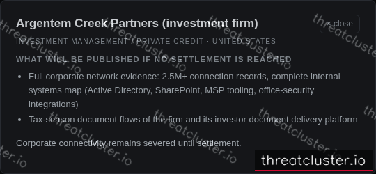 Leak-site post naming Argentem Creek Partners (investment firm), captured by ThreatCluster