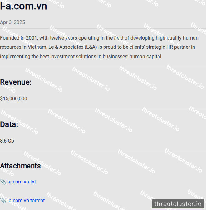 Leak-site post naming l-a.com.vn, captured by ThreatCluster
