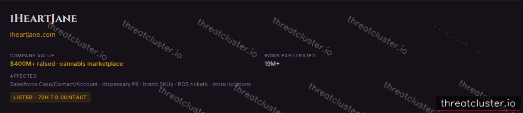 Leak-site post naming iHeartJane, captured by ThreatCluster