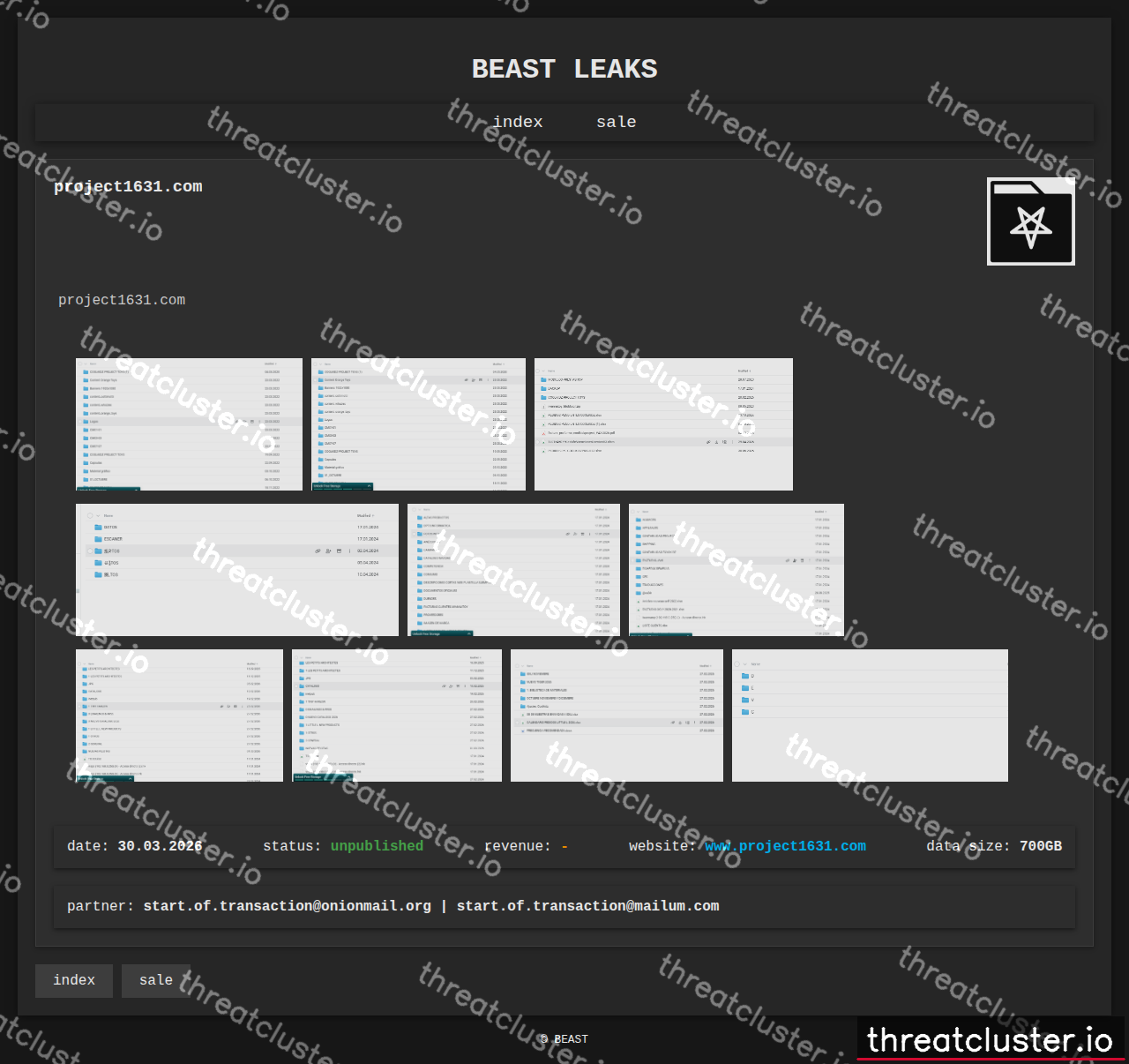 Leak-site post naming project1631.com, captured by ThreatCluster