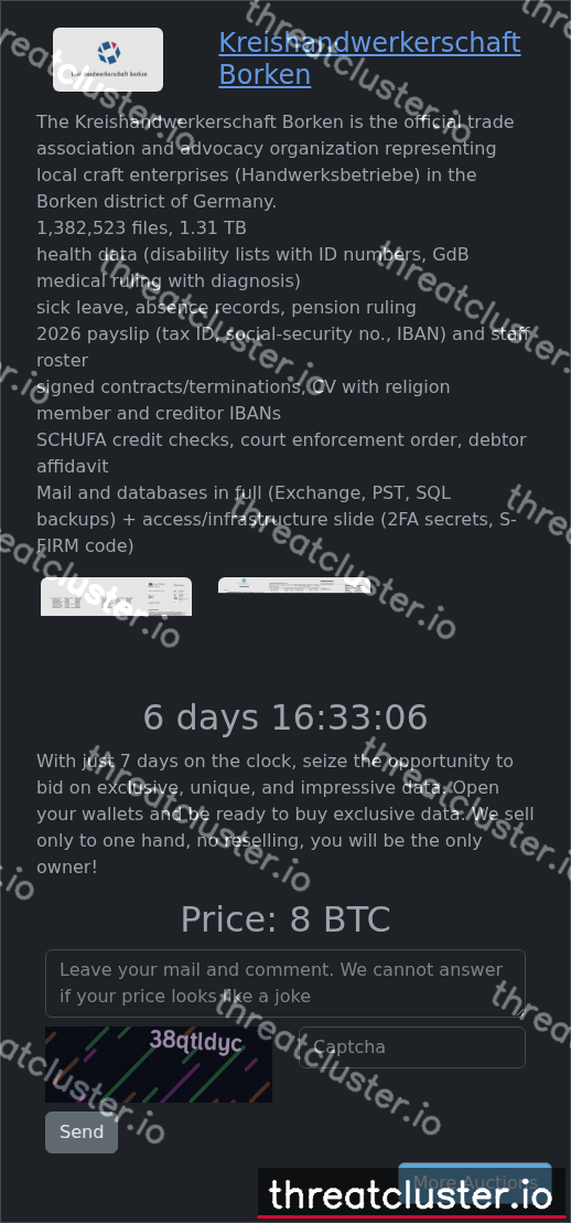 Leak-site post naming Kreishandwerkerschaft Borken, captured by ThreatCluster