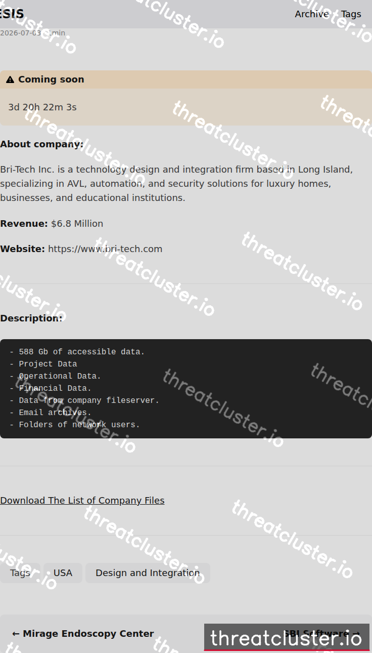 Leak-site post naming Bri-Tech, Inc, captured by ThreatCluster