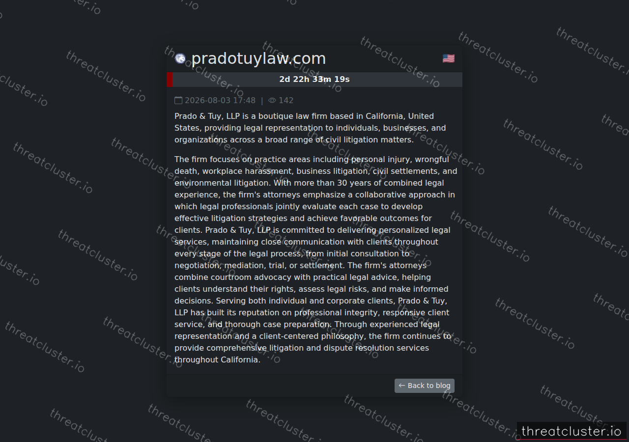 Leak-site post naming pradotuylaw.com, captured by ThreatCluster