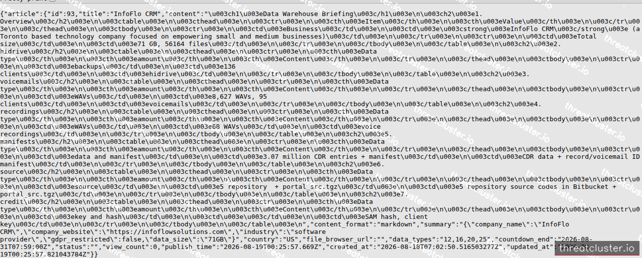 Leak-site post naming InfoFlo CRM, captured by ThreatCluster