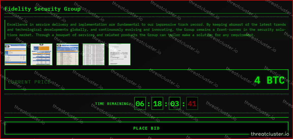 Leak-site post naming Fidelity Security Group, captured by ThreatCluster