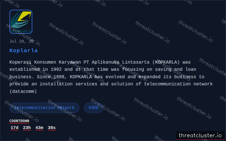 Leak-site post naming Koplarla, captured by ThreatCluster