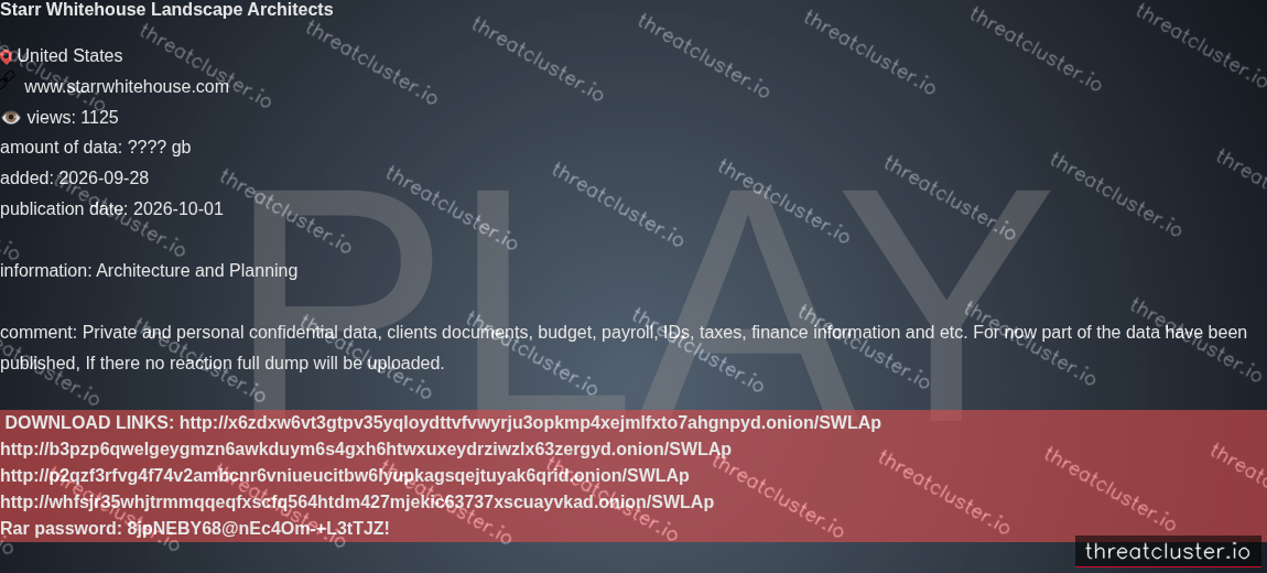 Leak-site post naming Starr Whitehouse Landscape Architects, captured by ThreatCluster