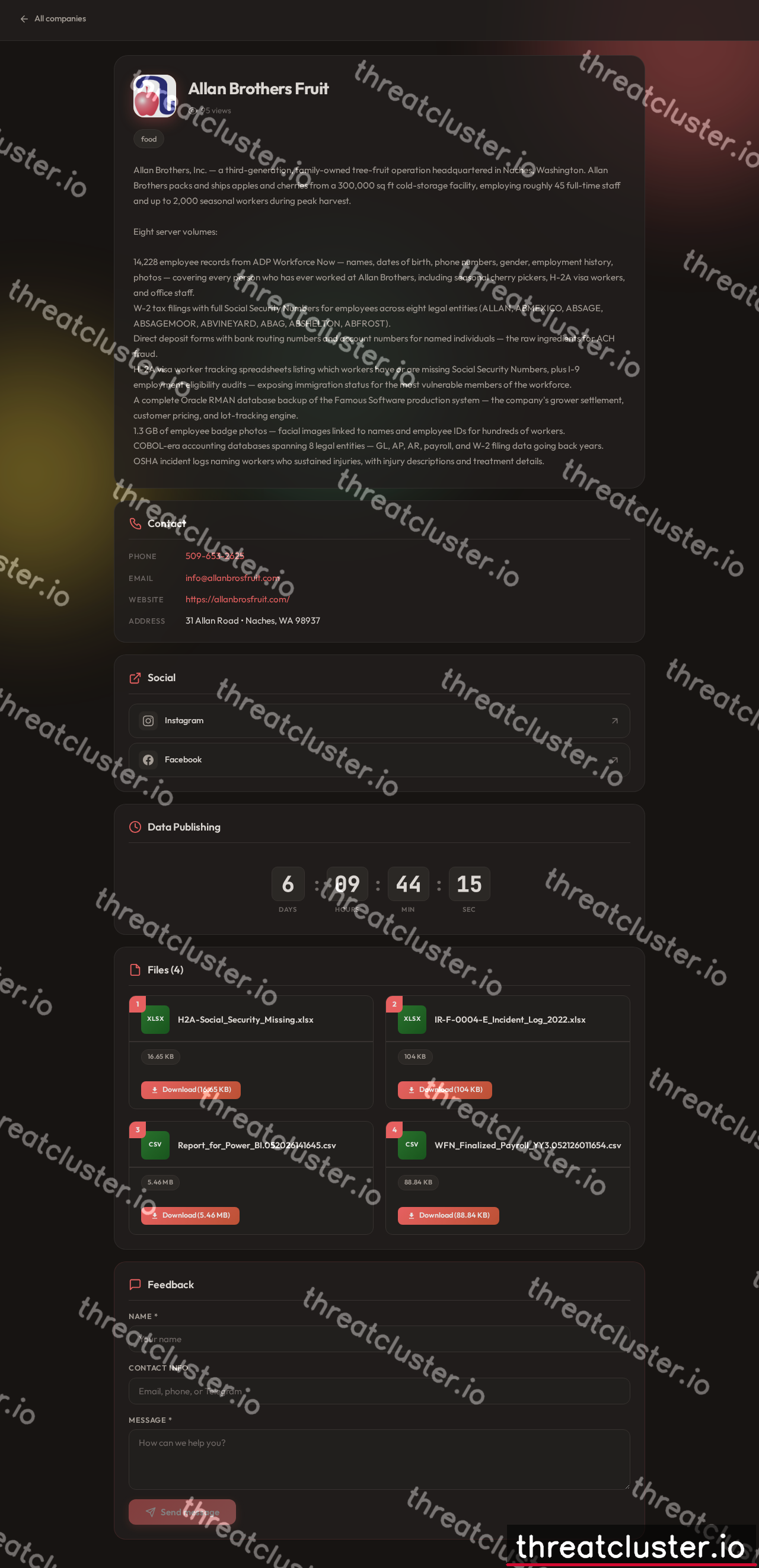 Leak-site post naming Allan Brothers Fruit, captured by ThreatCluster
