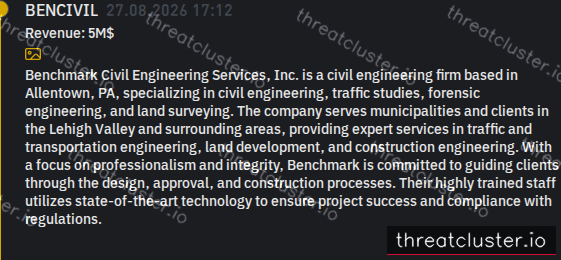 Leak-site post naming BENCIVIL, captured by ThreatCluster