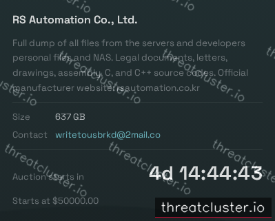 Leak-site post naming RS Automation Co., Ltd., captured by ThreatCluster