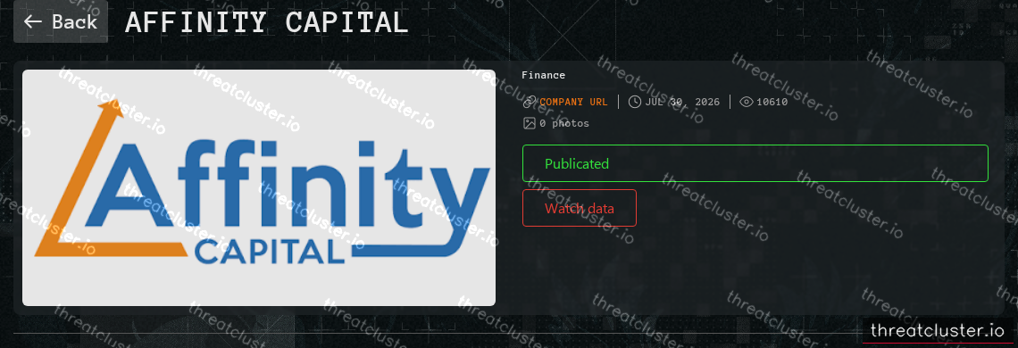 Leak-site post naming Affinity Capital, captured by ThreatCluster