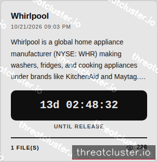 Leak-site post naming Whirlpool, captured by ThreatCluster