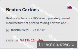 Leak-site post naming Beatus Cartons, captured by ThreatCluster