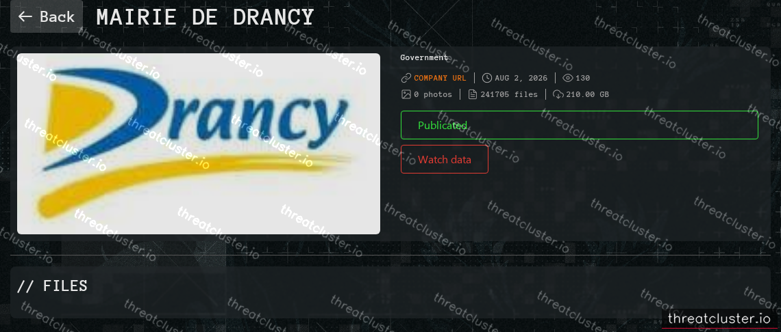 Leak-site post naming Mairie de Drancy, captured by ThreatCluster