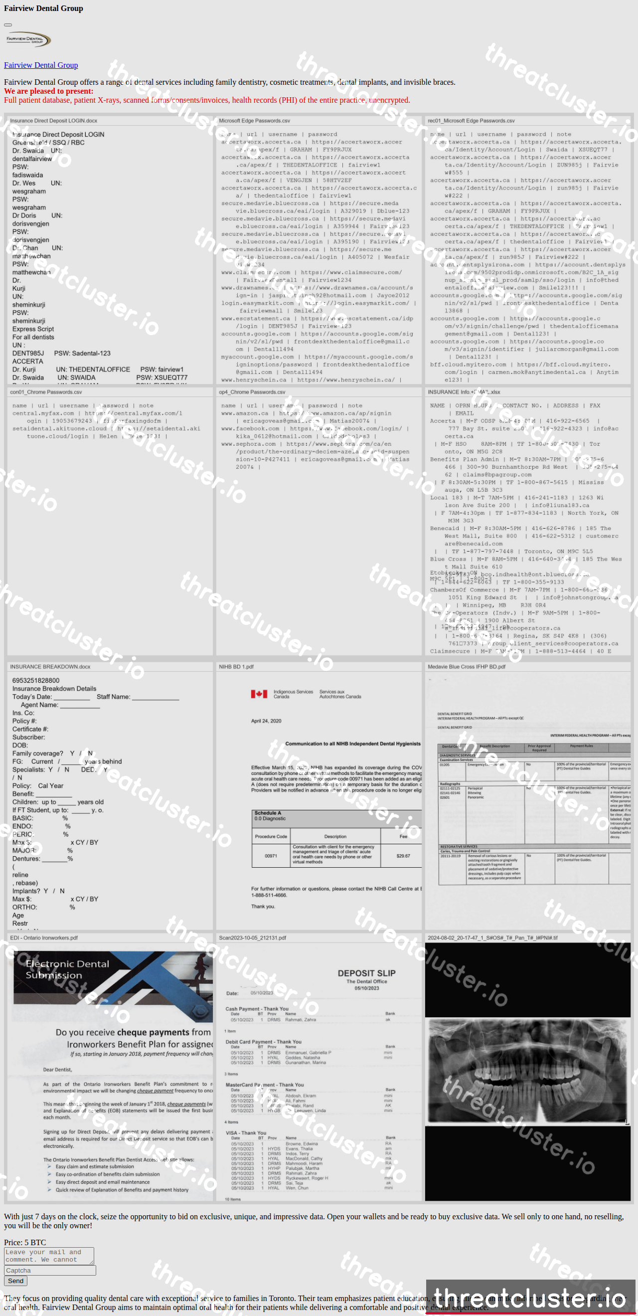 Leak-site post naming Fairview Dental Group, captured by ThreatCluster