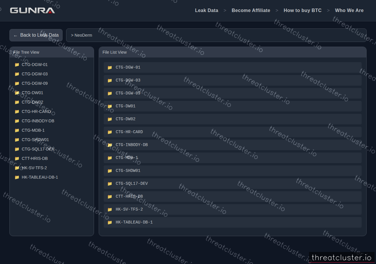 Leak-site post naming NeoDerm, captured by ThreatCluster