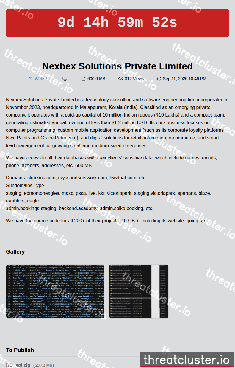 Leak-site post naming Nexbex Solutions Private Limited, captured by ThreatCluster
