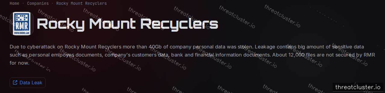 Leak-site post naming Rocky Mount Recyclers, captured by ThreatCluster
