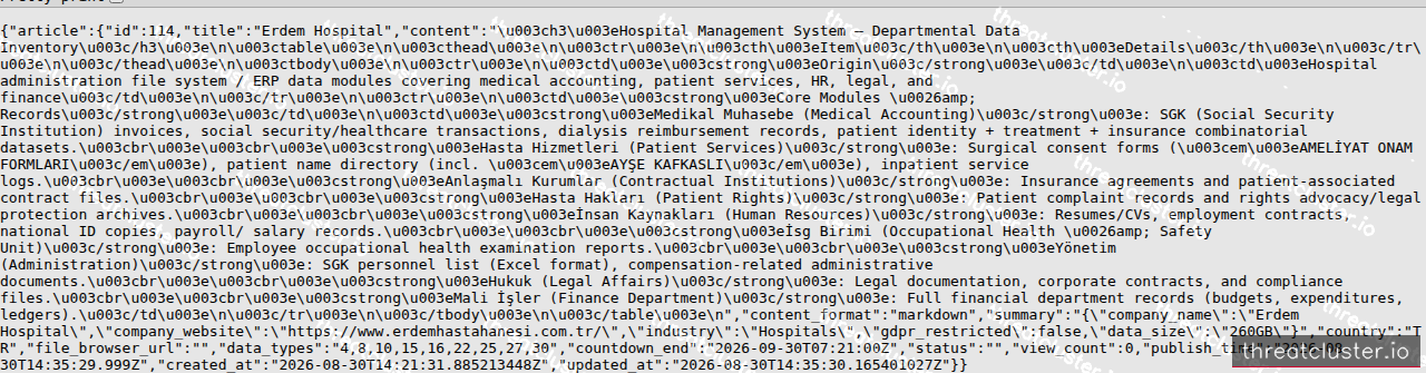 Leak-site post naming Erdem Hospital, captured by ThreatCluster