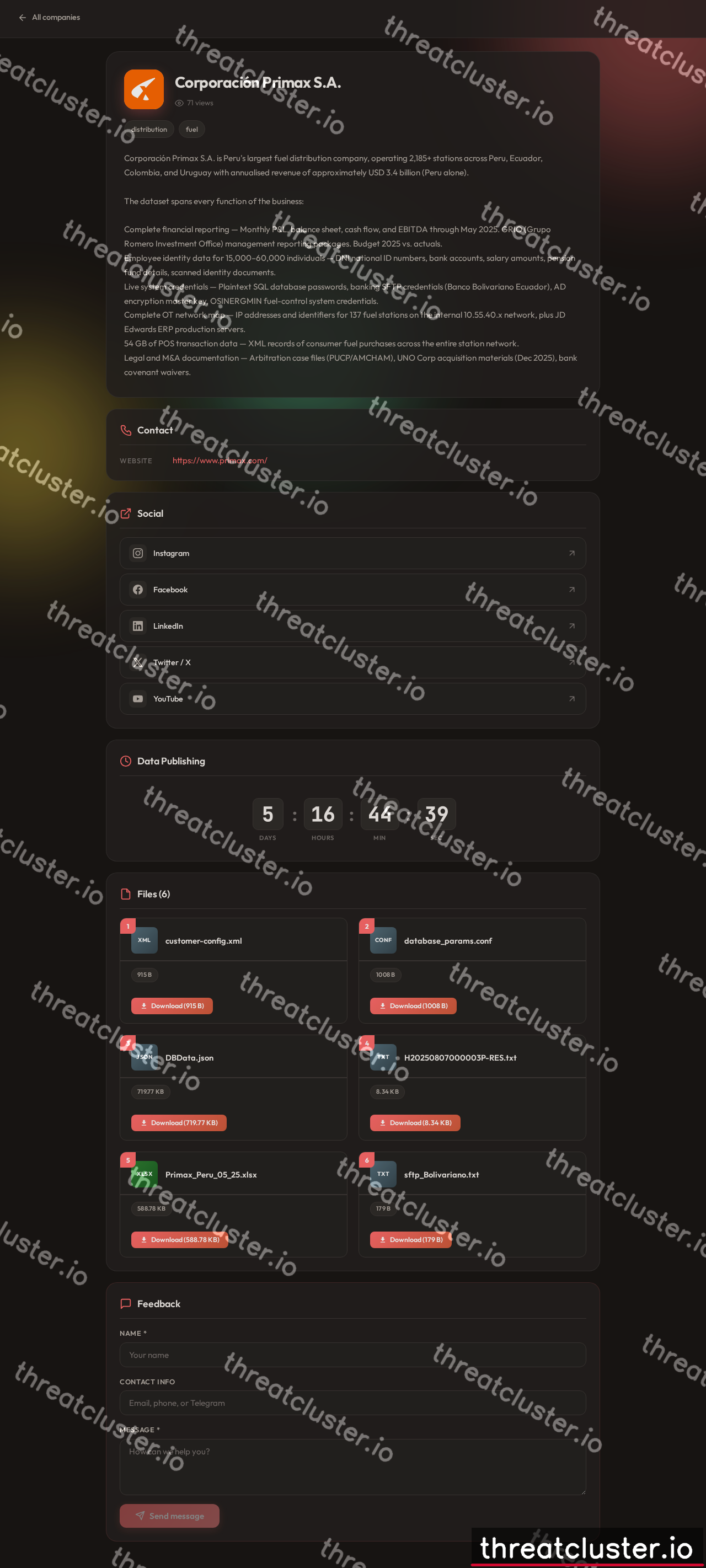 Leak-site post naming Corporación Primax S.A., captured by ThreatCluster