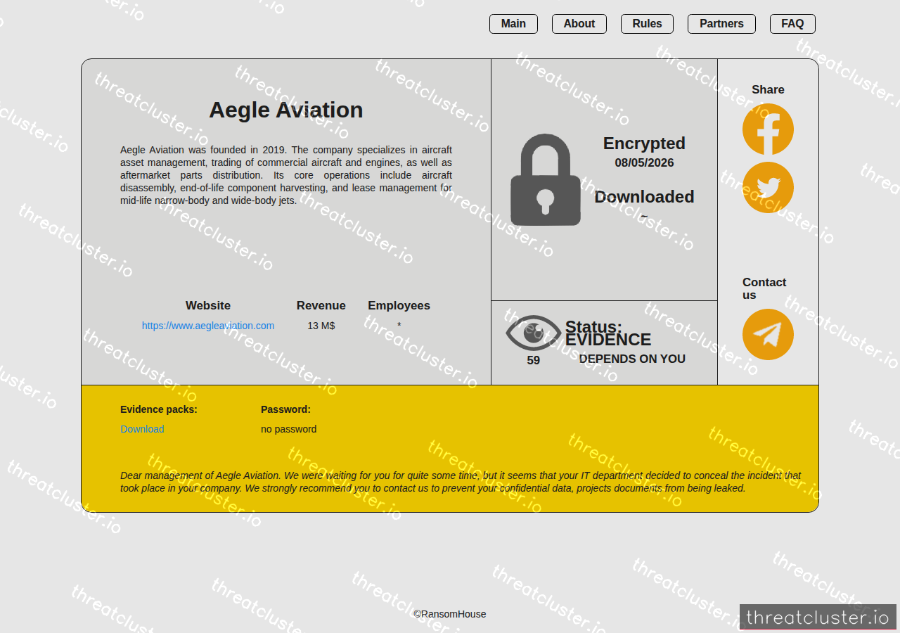 Leak-site post naming Aegle Aviation, captured by ThreatCluster