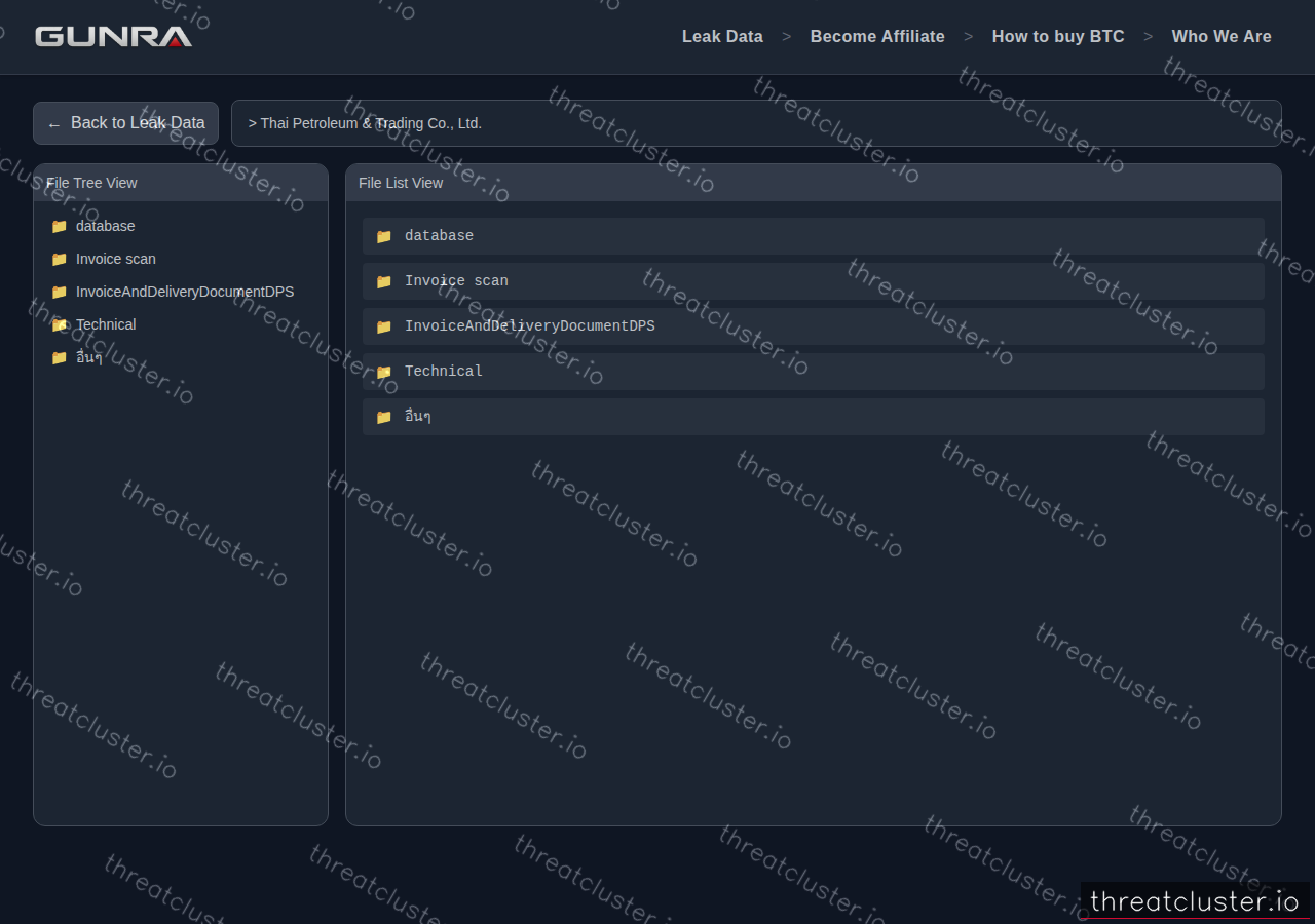 Leak-site post naming Thai Petroleum & Trading Co., Ltd., captured by ThreatCluster