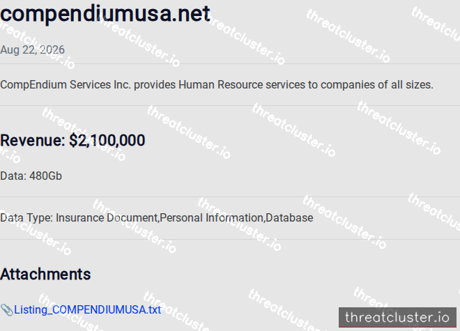 Leak-site post naming compendiumusa.net, captured by ThreatCluster