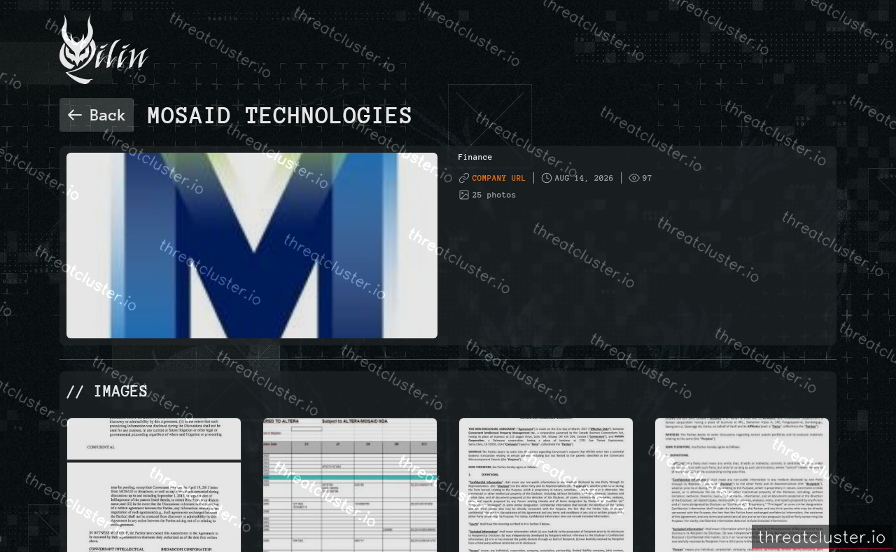 Leak-site post naming MOSAID Technologies, captured by ThreatCluster