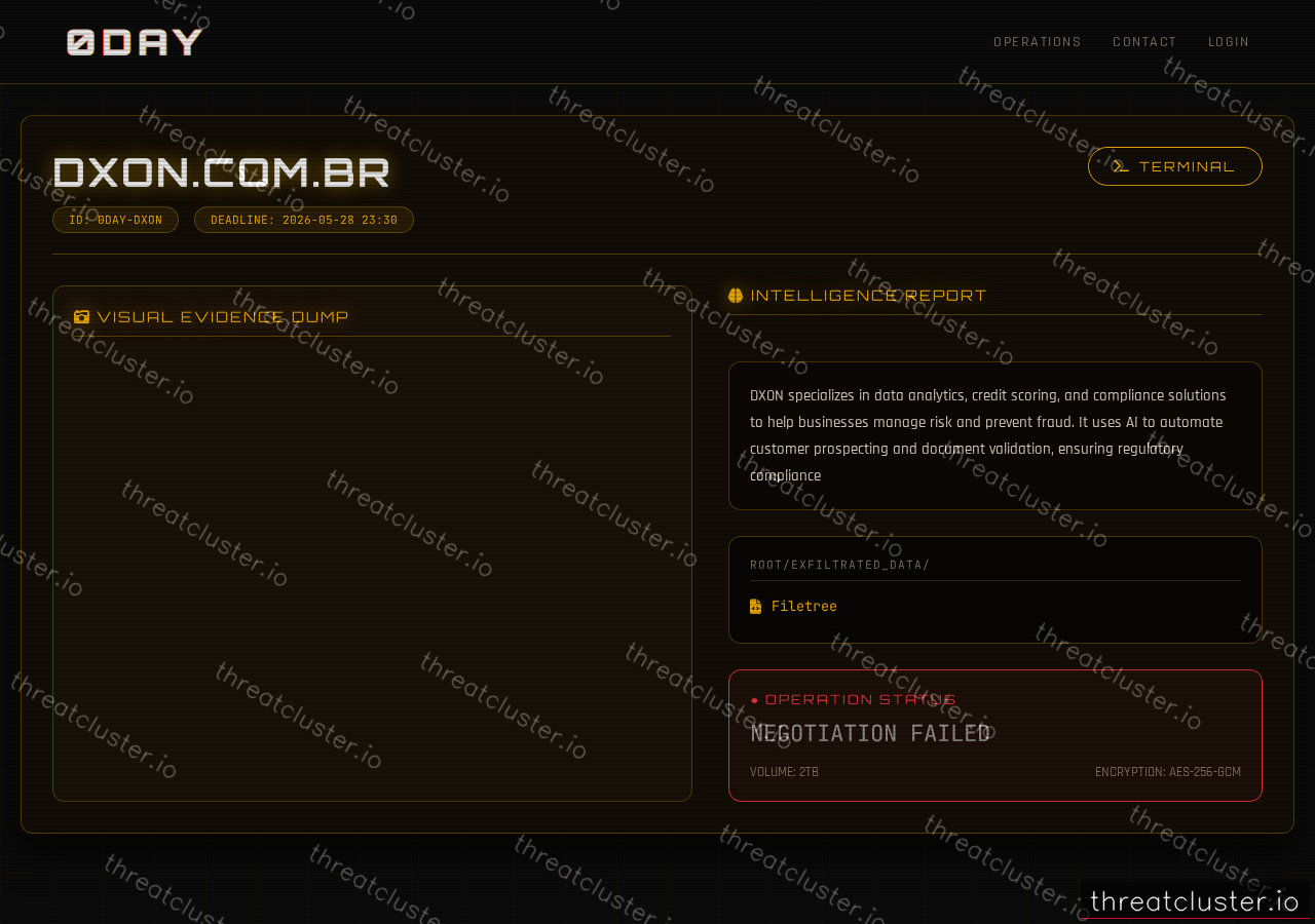 Leak-site post naming dxon.com.br, captured by ThreatCluster