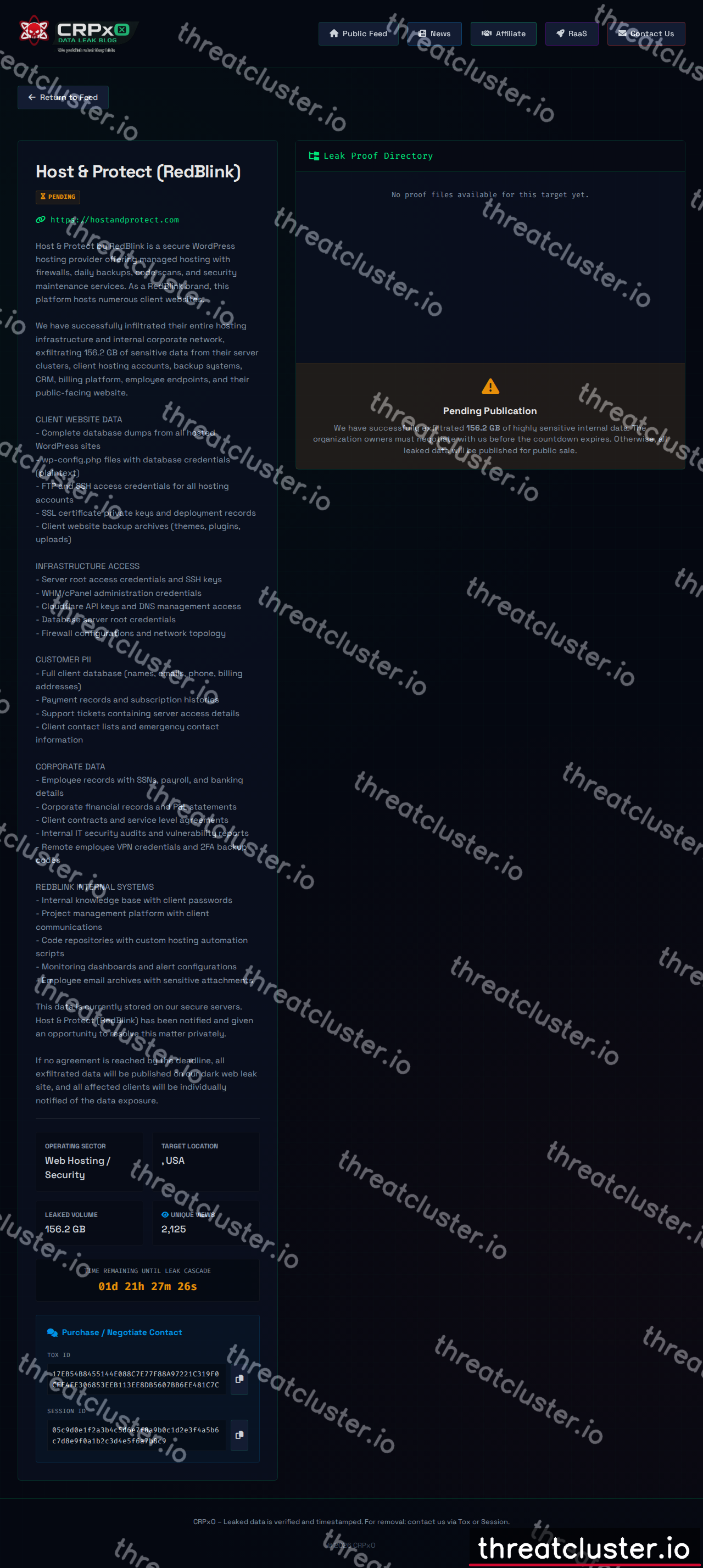 Leak-site post naming Host & Protect (RedBlink), captured by ThreatCluster