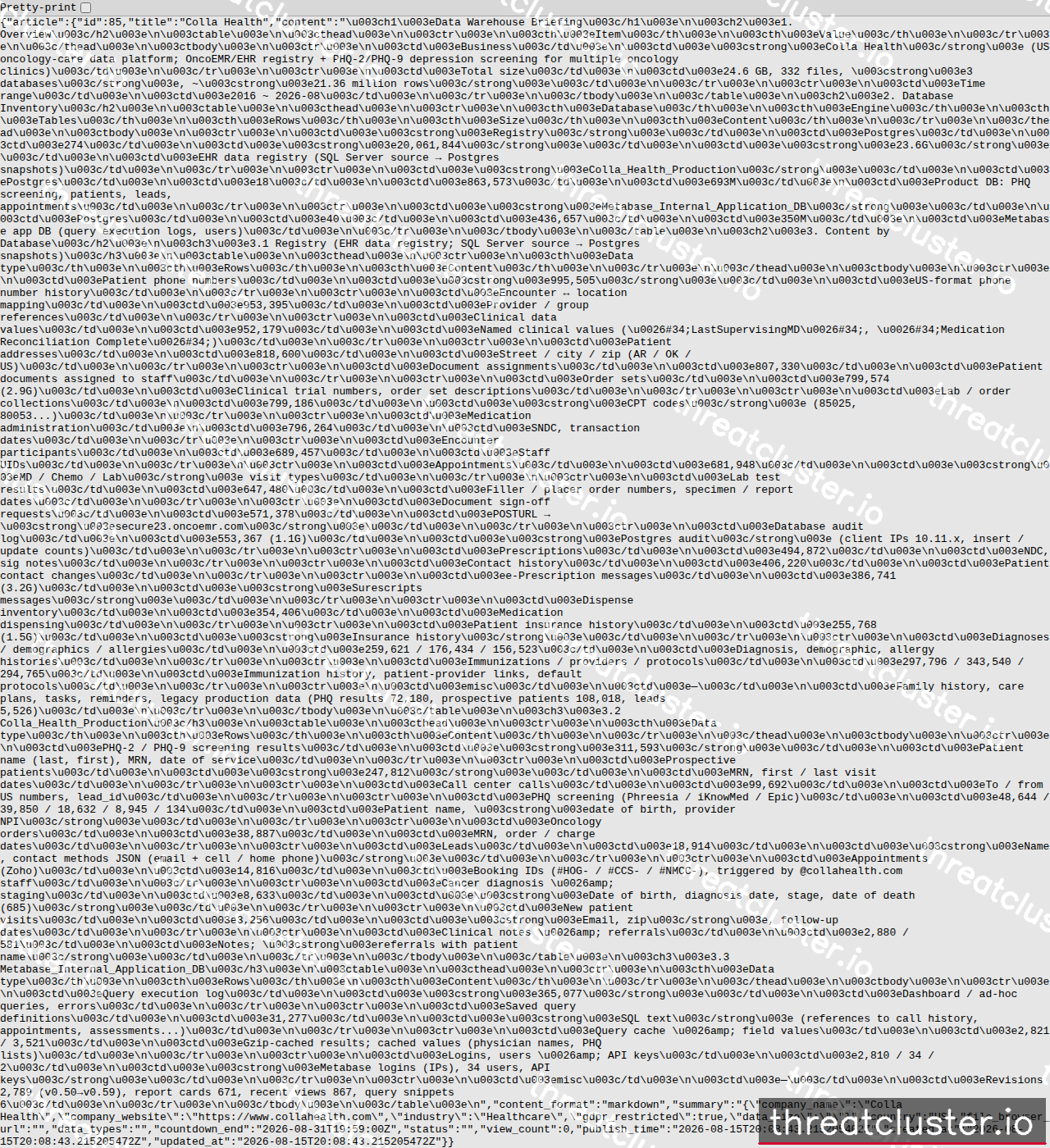 Leak-site post naming Colla Health, captured by ThreatCluster