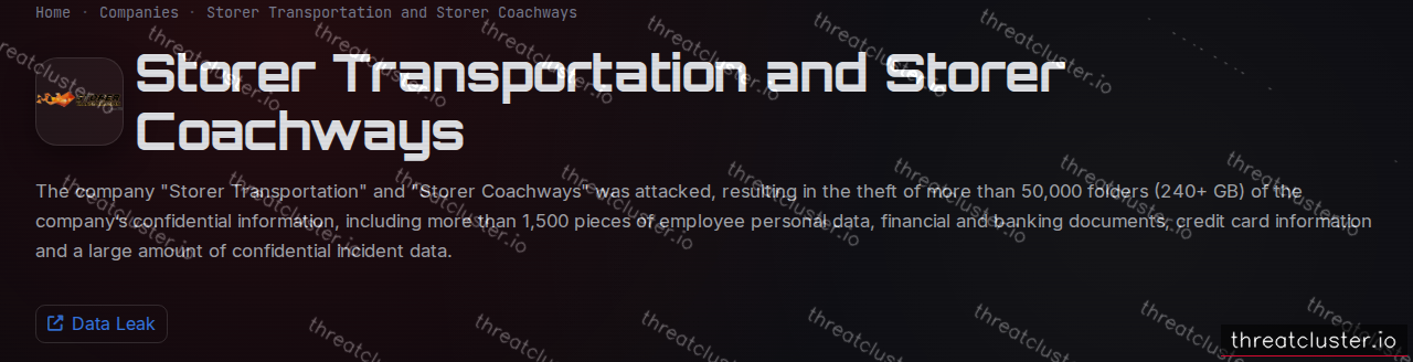 Leak-site post naming Storer Transportation and Storer Coachways, captured by ThreatCluster