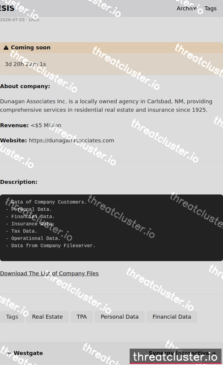 Leak-site post naming Dunagan Associates, captured by ThreatCluster