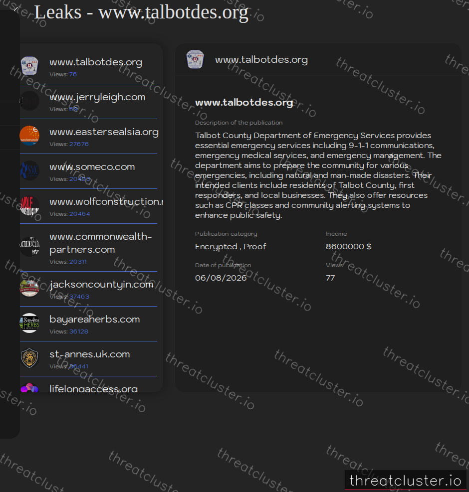 Leak-site post naming www.talbotdes.org, captured by ThreatCluster