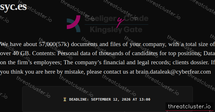 Leak-site post naming syc.es, captured by ThreatCluster