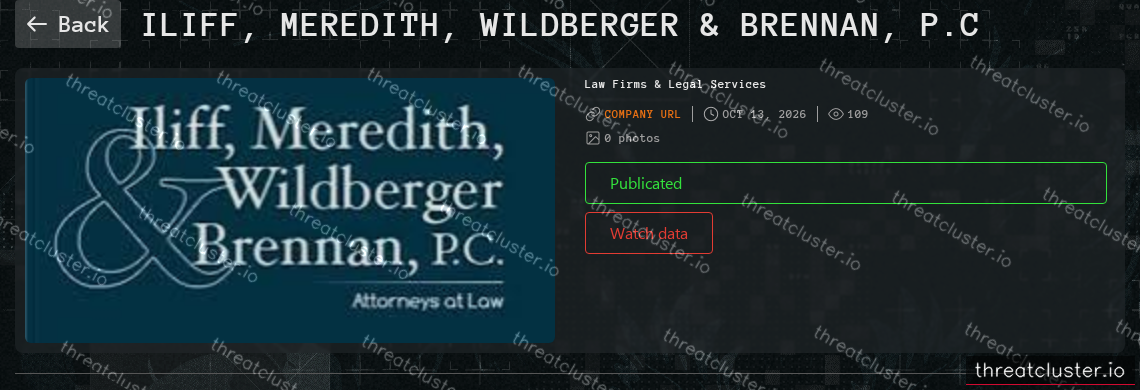 Leak-site post naming Iliff, Meredith, Wildberger & Brennan, P.C, captured by ThreatCluster