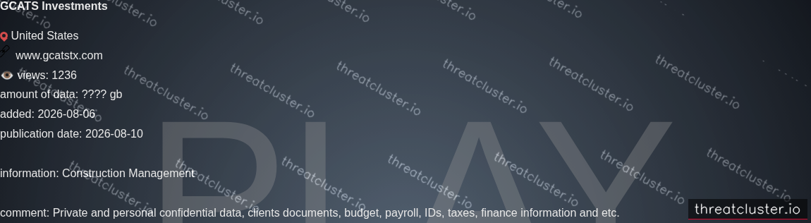 Leak-site post naming GCATS Investments, captured by ThreatCluster